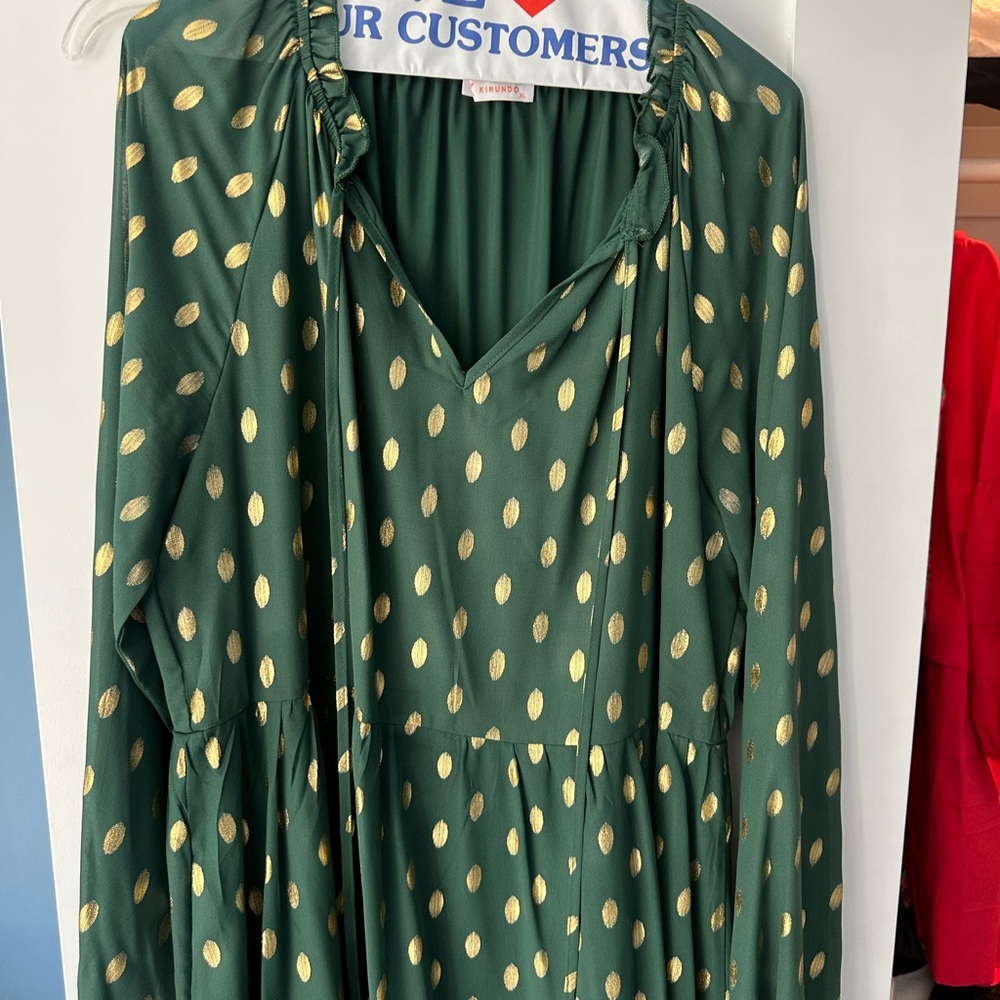 Chic Green and Gold Polka Dot Long Sleeve Dress